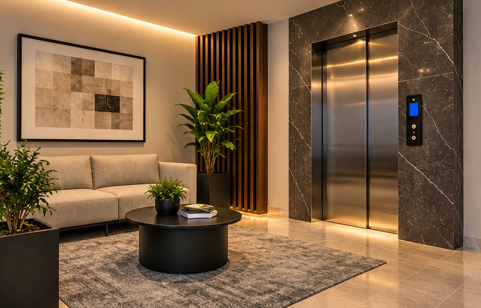 Lobby con sala de espera y elevador con marco de mármol oscuro