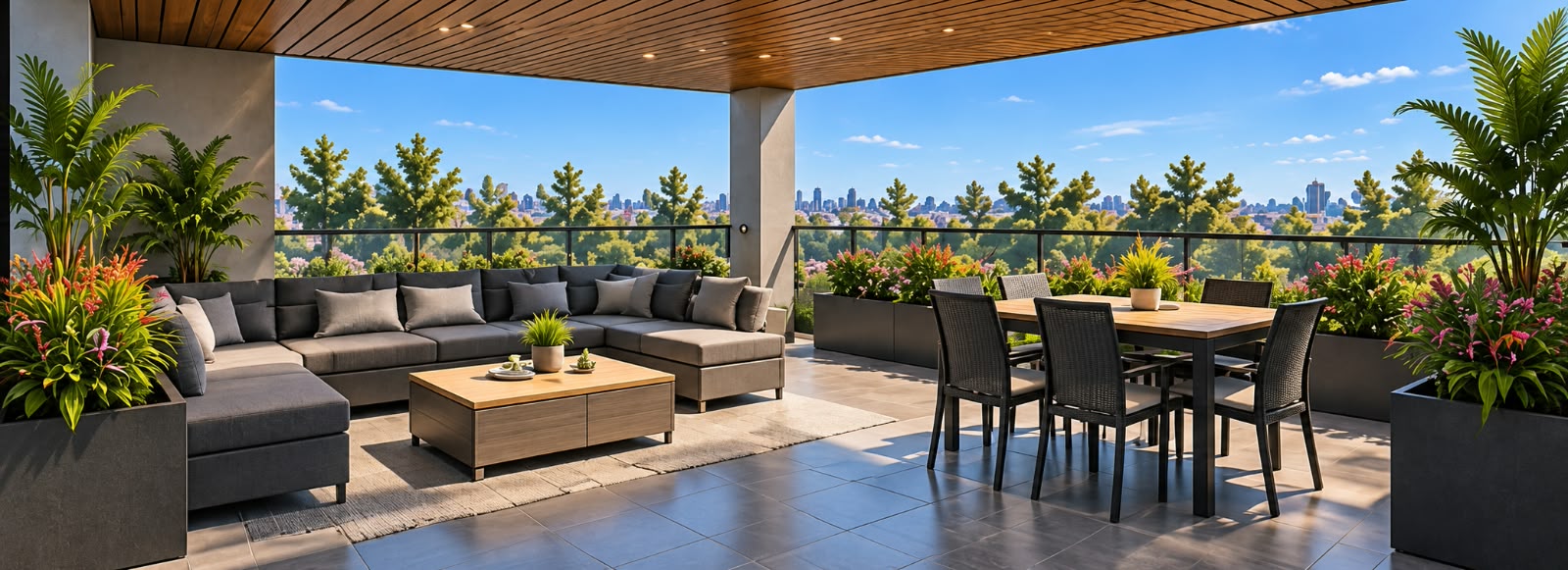 Roof garden privado con sala de estar, comedor exterior y vista arbolada