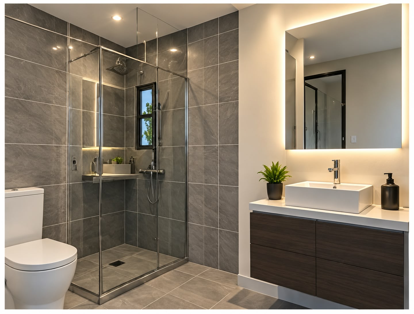 Baño completo con regadera de cristal y mueble de lavabo flotante
