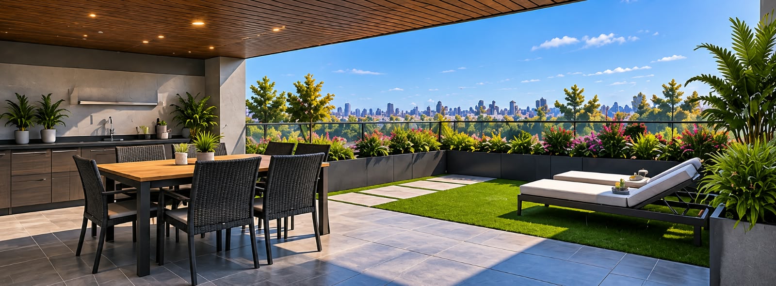 Roof garden privado con comedor exterior, cocineta y área verde