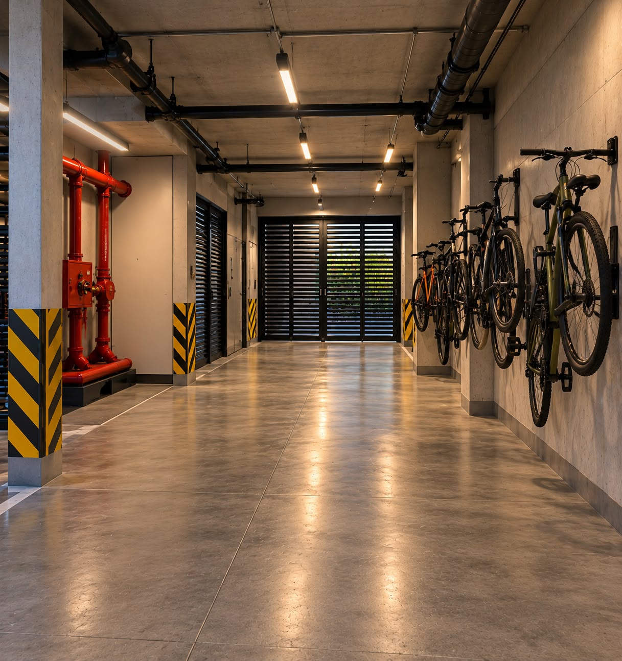 Circulación de servicio con área de bicicletas y cuarto de bombas