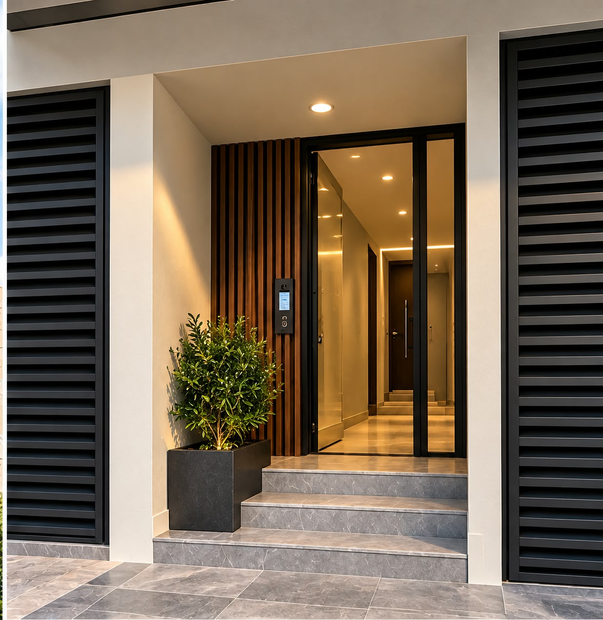 Entrada peatonal del edificio con puerta de cristal y celosías negras