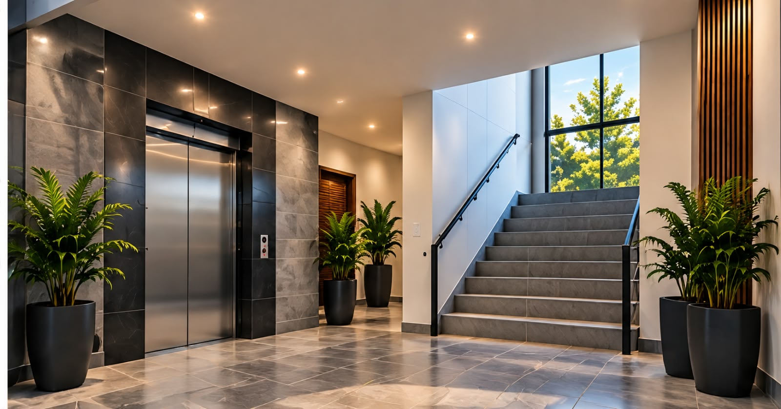 Vestíbulo con ascensor de puertas de acero y escalera junto a ventanal arbolado