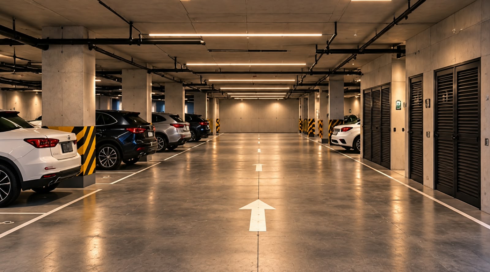 Estacionamiento techado con señalización de circulación