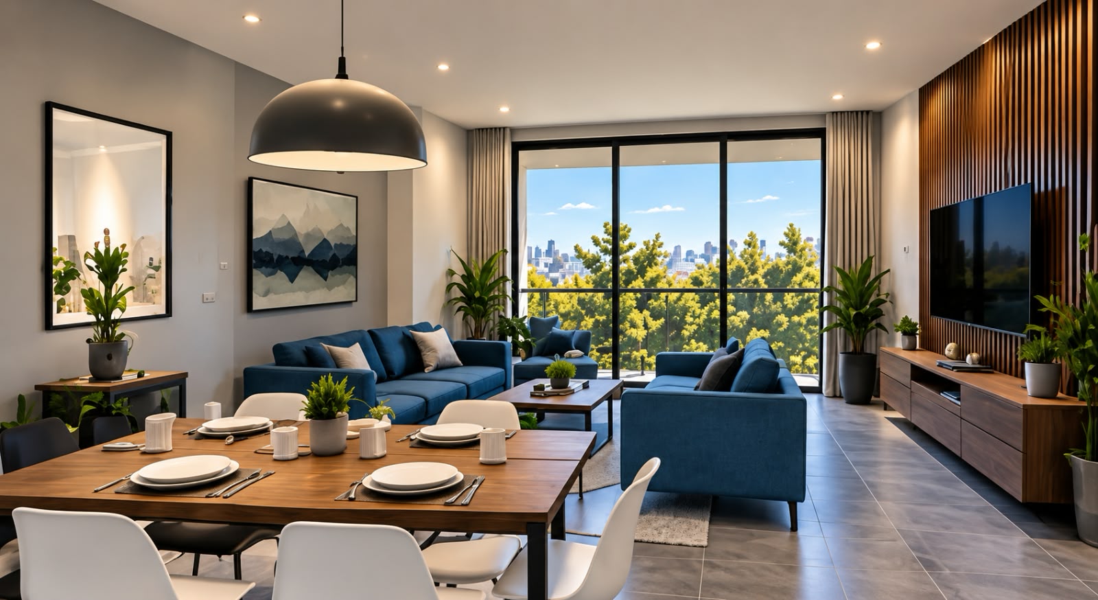 Sala y comedor integrados con ventanal hacia el balcón